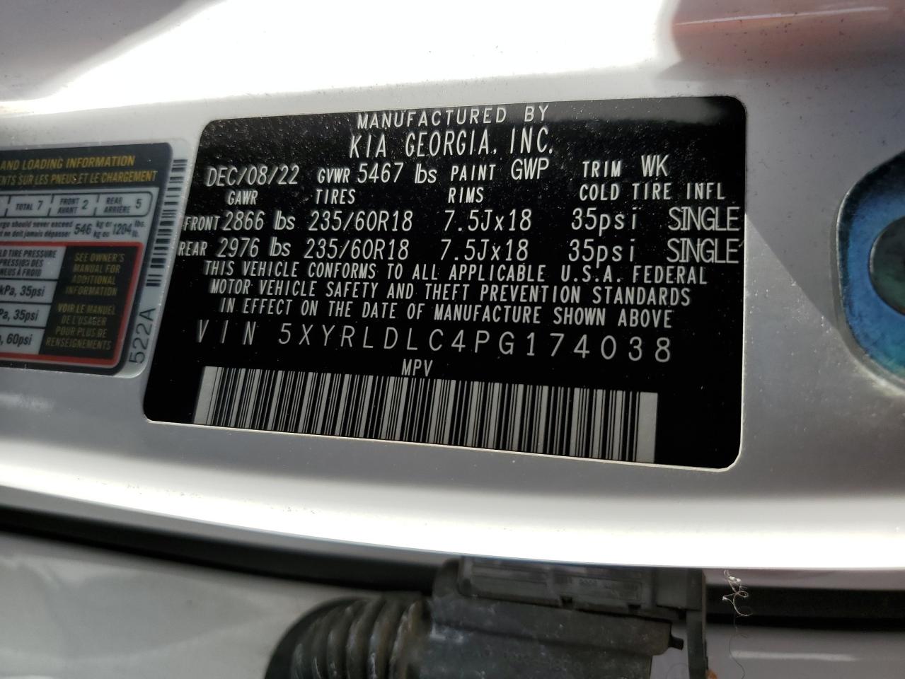 5XYRLDLC4PG174038 2023 Kia Sorento S