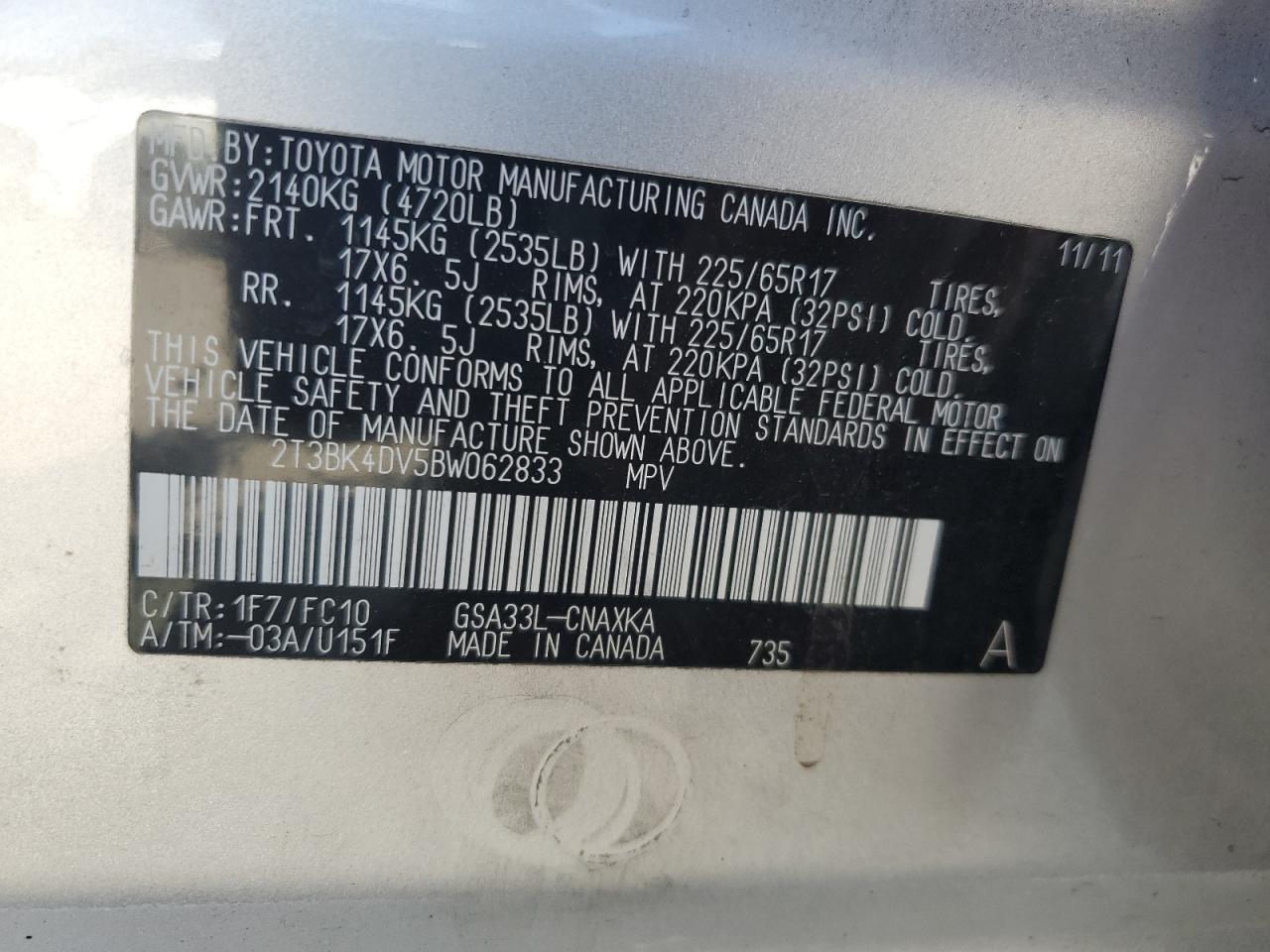 2T3BK4DV5BW062833 2011 Toyota Rav4