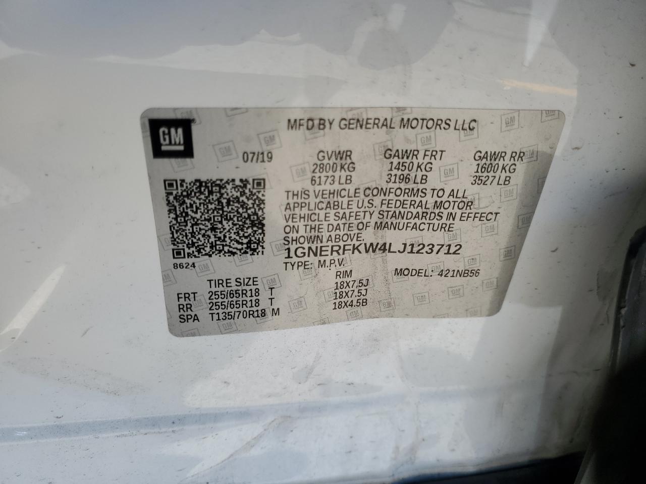 1GNERFKW4LJ123712 2020 Chevrolet Traverse Ls
