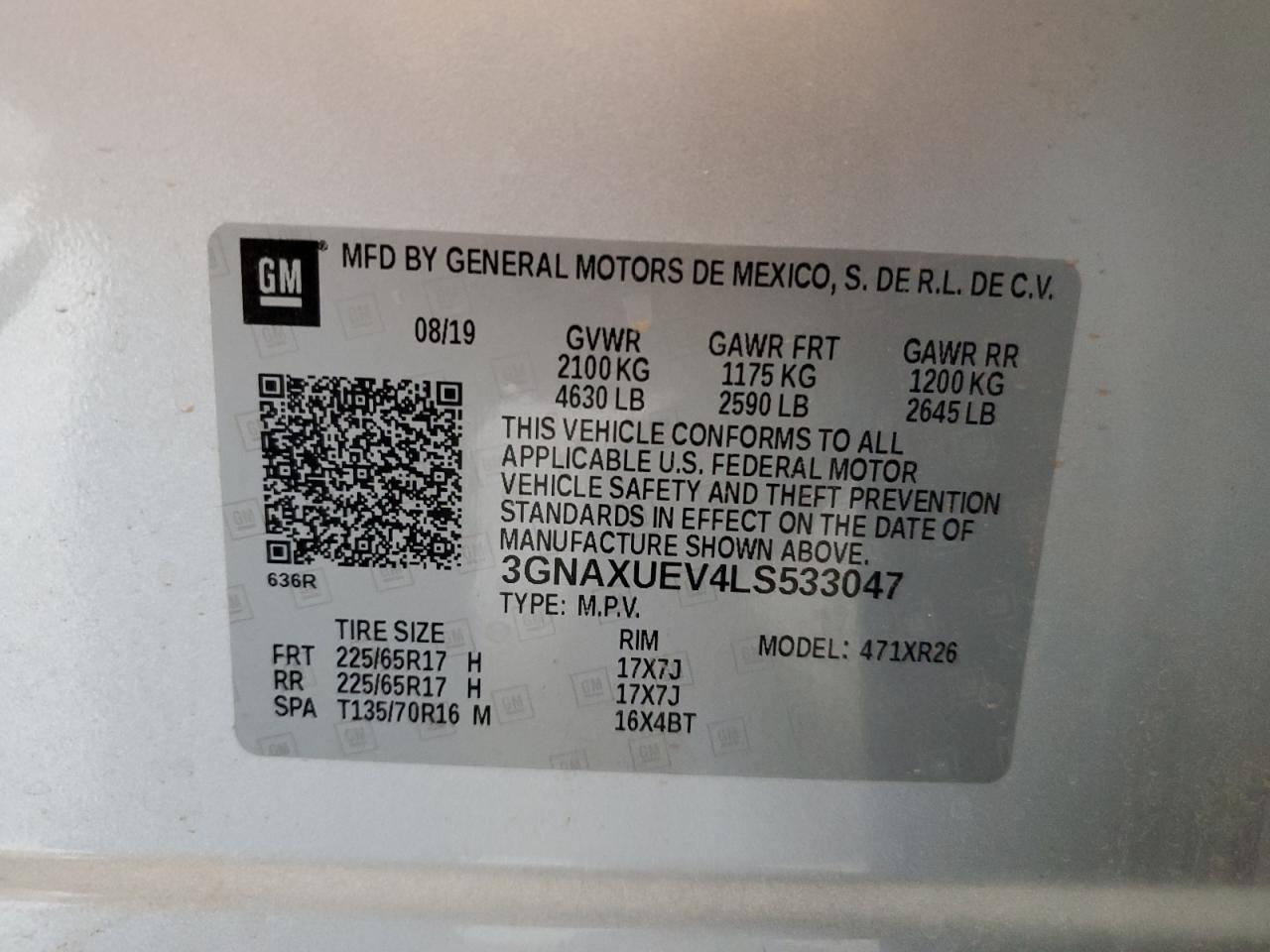 3GNAXUEV4LS533047 2020 Chevrolet Equinox Lt