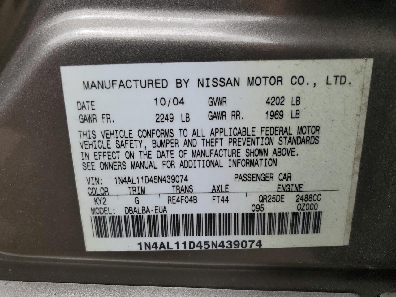 1N4AL11D45N439074 2005 Nissan Altima S