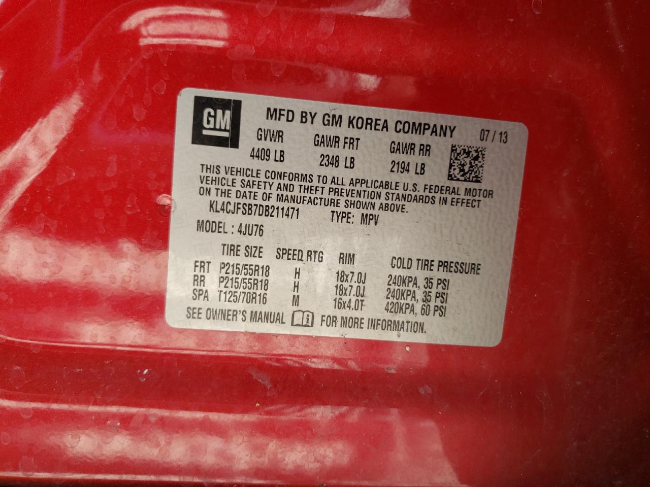 KL4CJFSB7DB211471 2013 Buick Encore Convenience