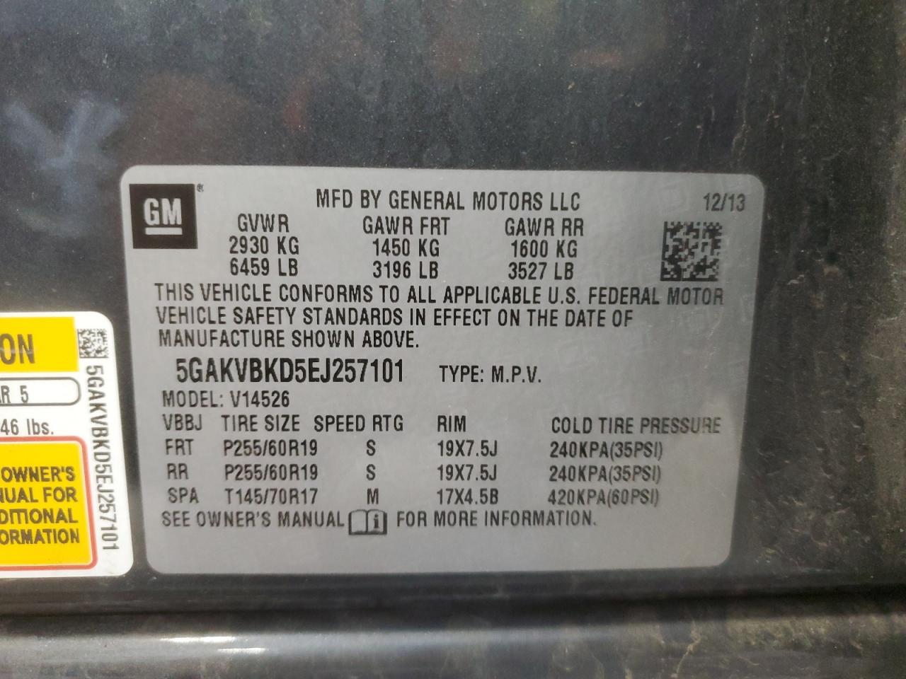 5GAKVBKD5EJ257101 2014 Buick Enclave