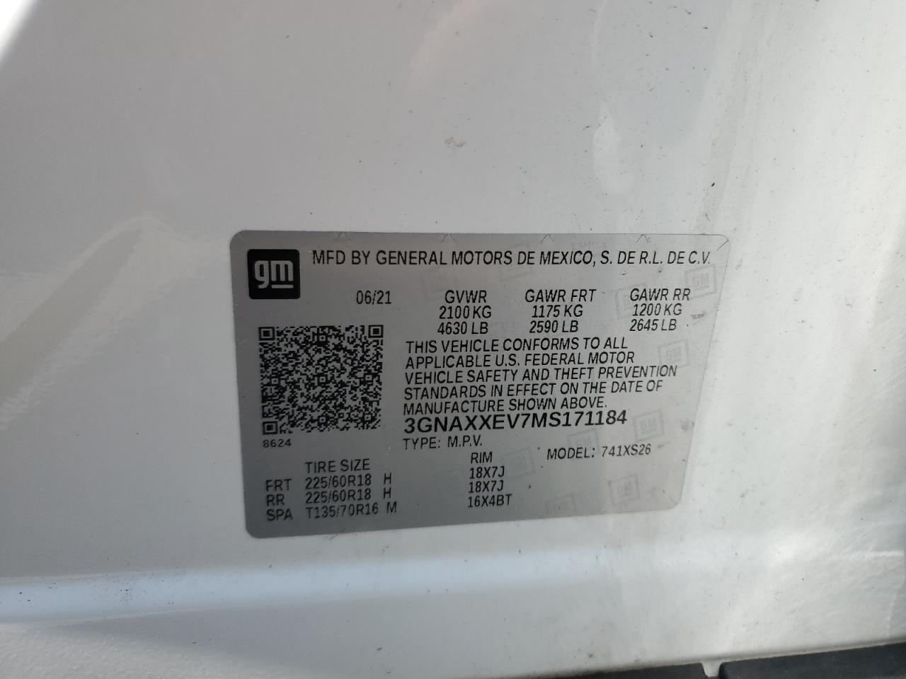 3GNAXXEV7MS171184 2021 Chevrolet Equinox Premier