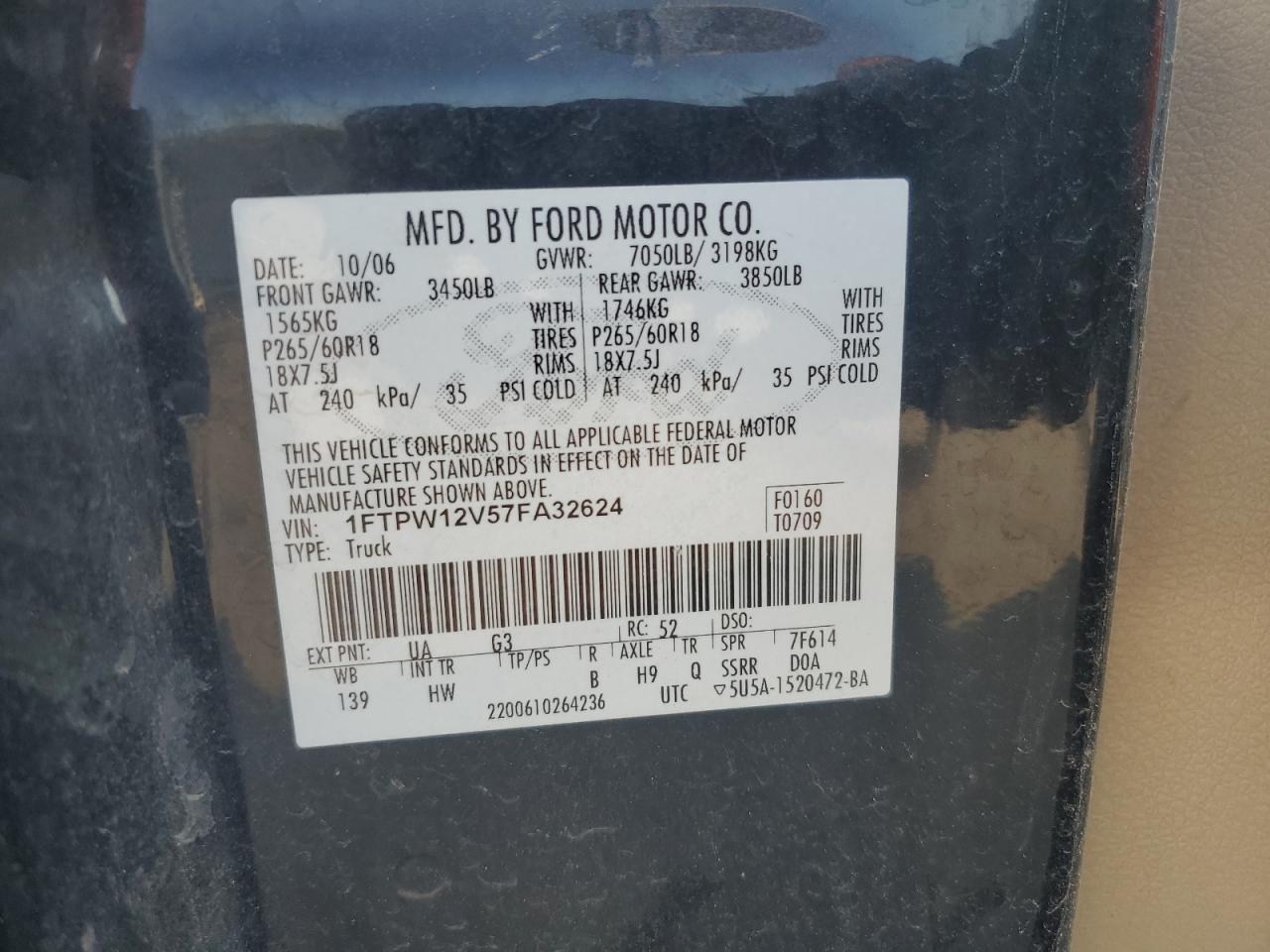 1FTPW12V57FA32624 2007 Ford F150 Supercrew