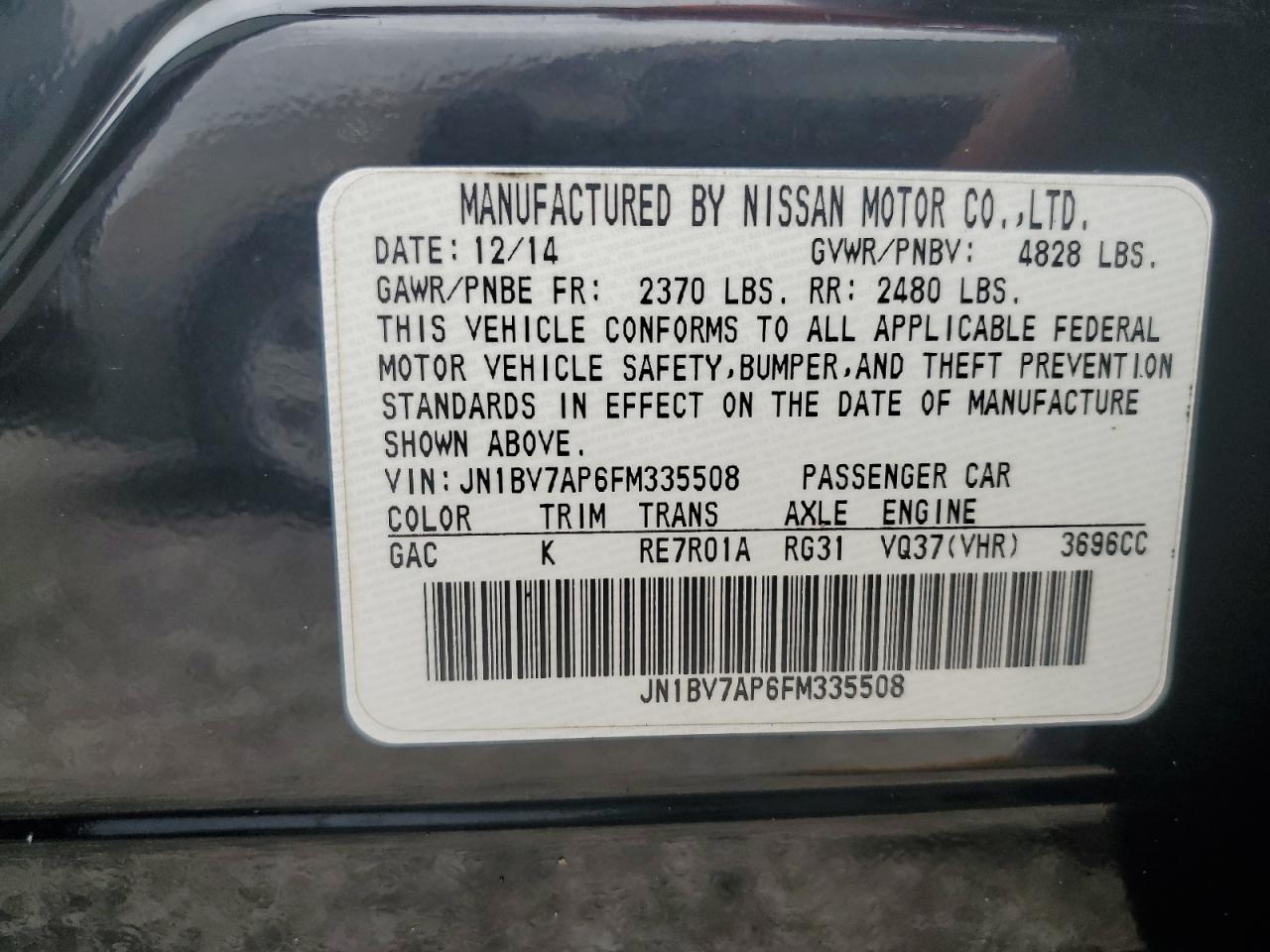 JN1BV7AP6FM335508 2015 Infiniti Q50 Base