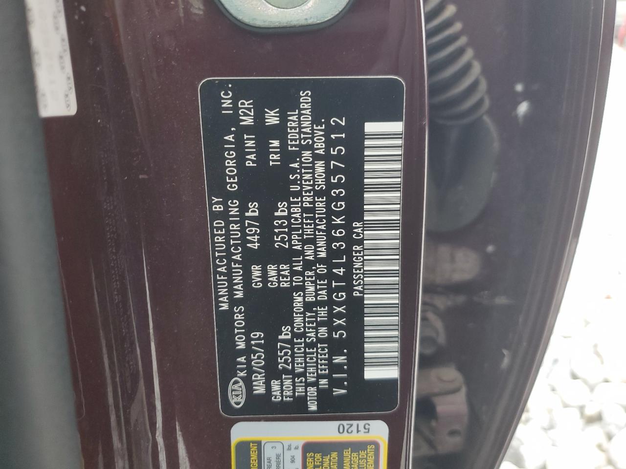 5XXGT4L36KG357512 2019 Kia Optima Lx