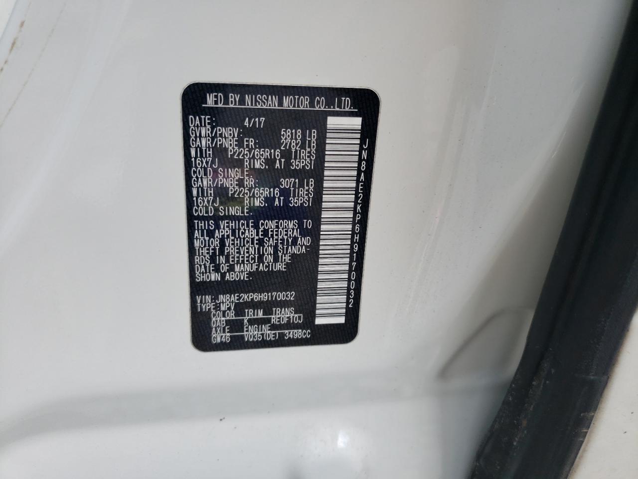 JN8AE2KP6H9170032 2017 Nissan Quest S