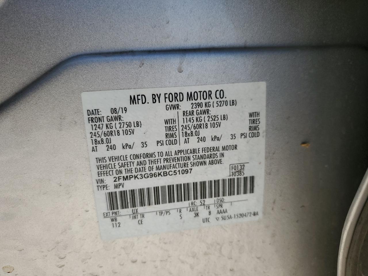 2FMPK3G96KBC51097 2019 Ford Edge Se