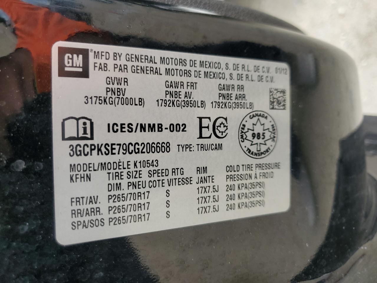 3GCPKSE79CG206668 2012 Chevrolet Silverado K1500 Lt