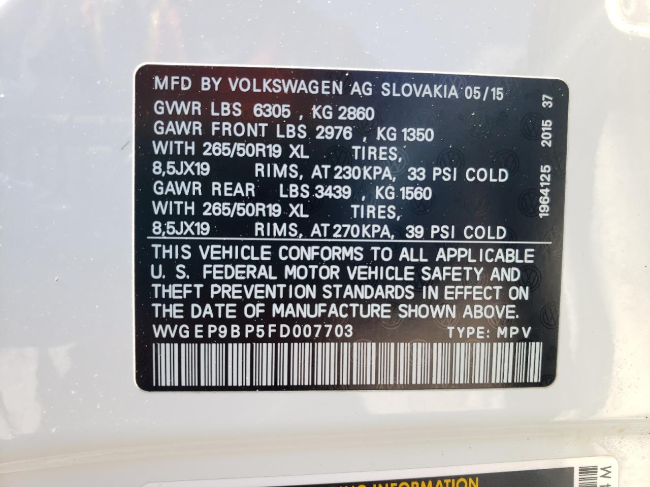 WVGEP9BP5FD007703 2015 Volkswagen Touareg V6 Tdi