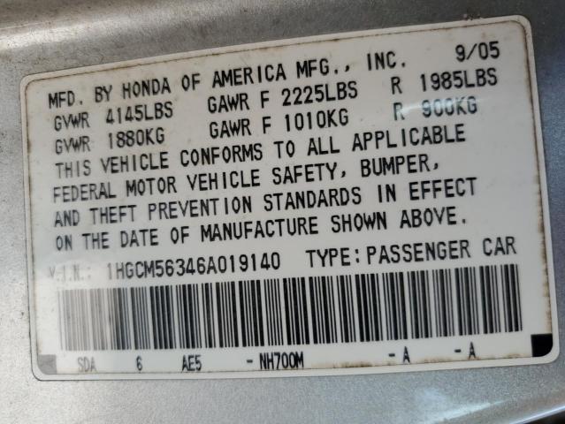 2006 Honda Accord Se VIN: 1HGCM56346A019140 Lot: 58277284