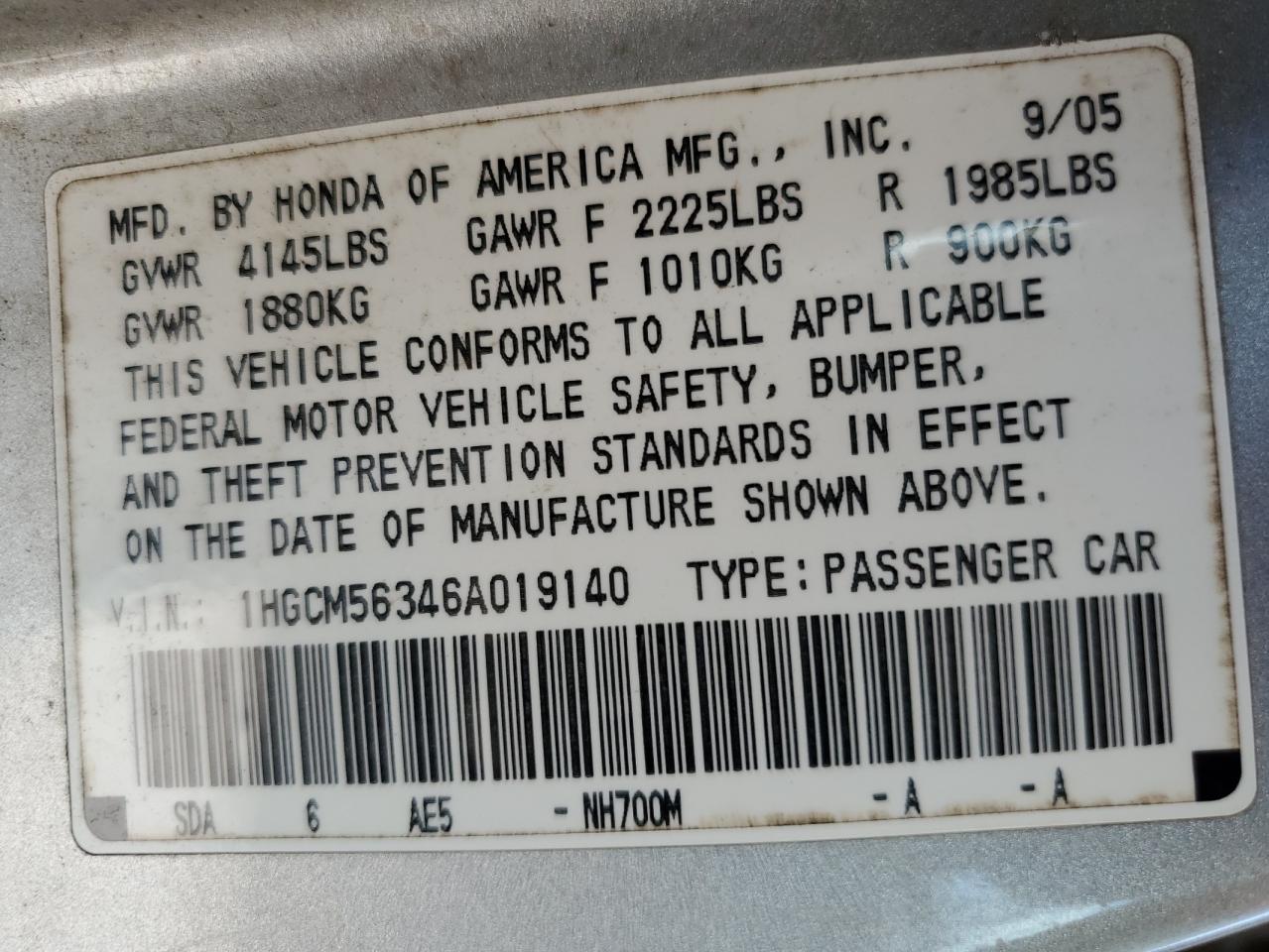 1HGCM56346A019140 2006 Honda Accord Se
