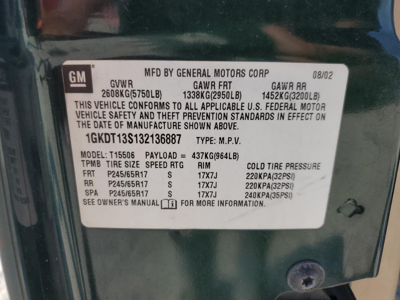 1GKDT13S132136887 2003 GMC Envoy