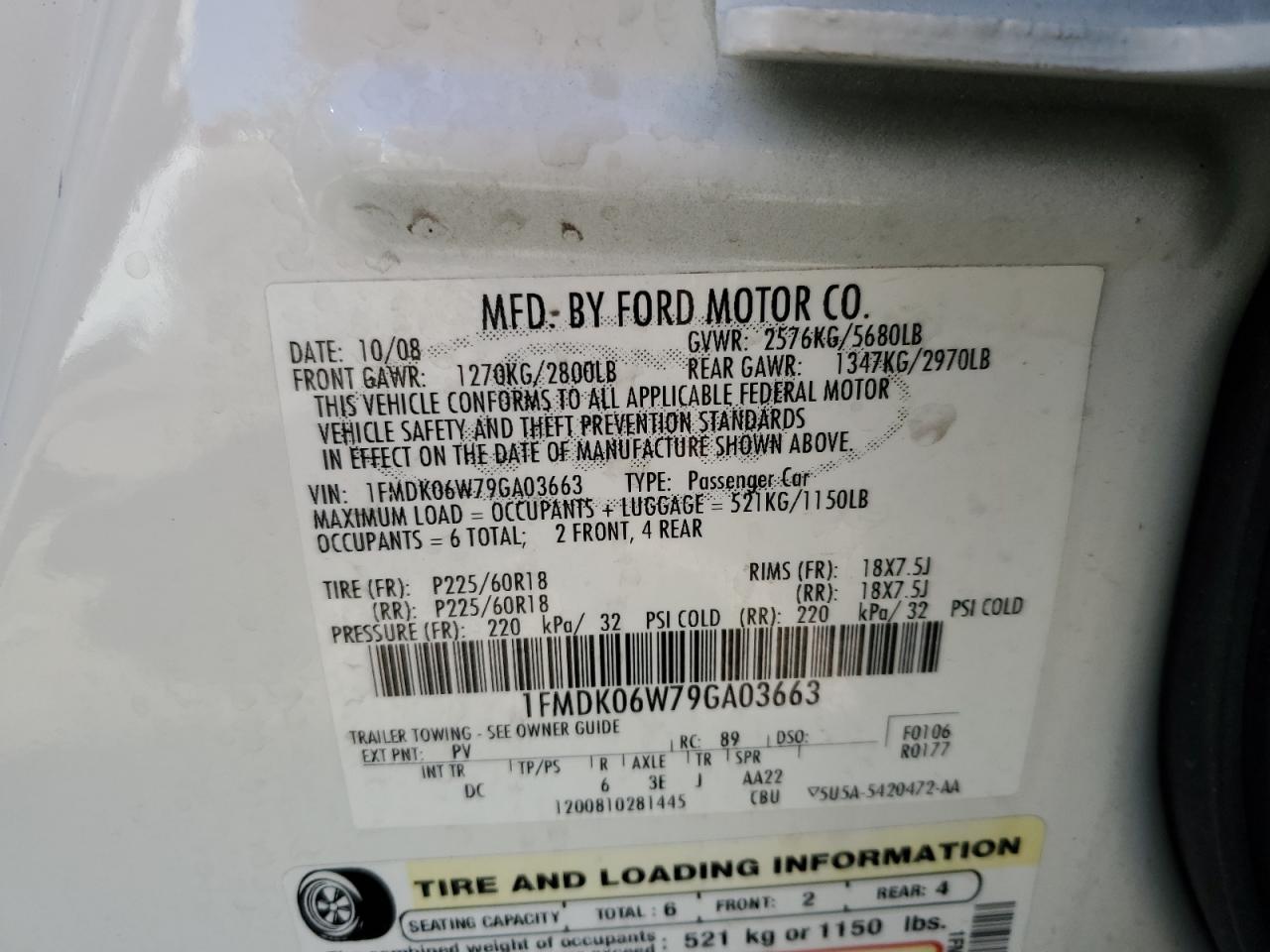 1FMDK06W79GA03663 2009 Ford Taurus X Limited