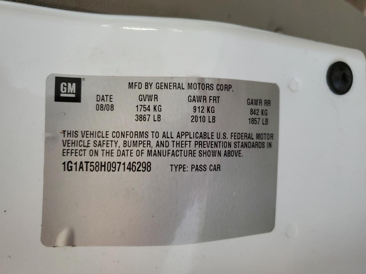 1G1AT58H097146298 2009 Chevrolet Cobalt Lt