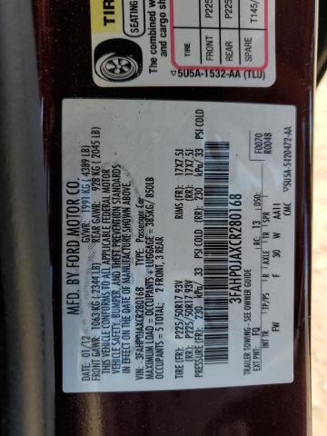 3FAHP0JAXCR280168 | 2012 Ford fusion sel