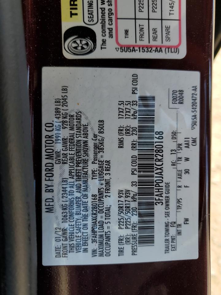 3FAHP0JAXCR280168 2012 Ford Fusion Sel