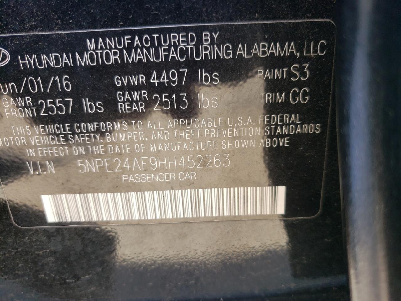 5NPE24AF9HH452263 2017 Hyundai Sonata Se