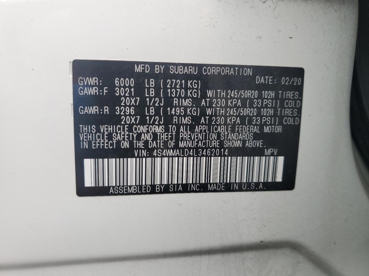 4S4WMALD4L3462014 2020 Subaru Ascent Limited