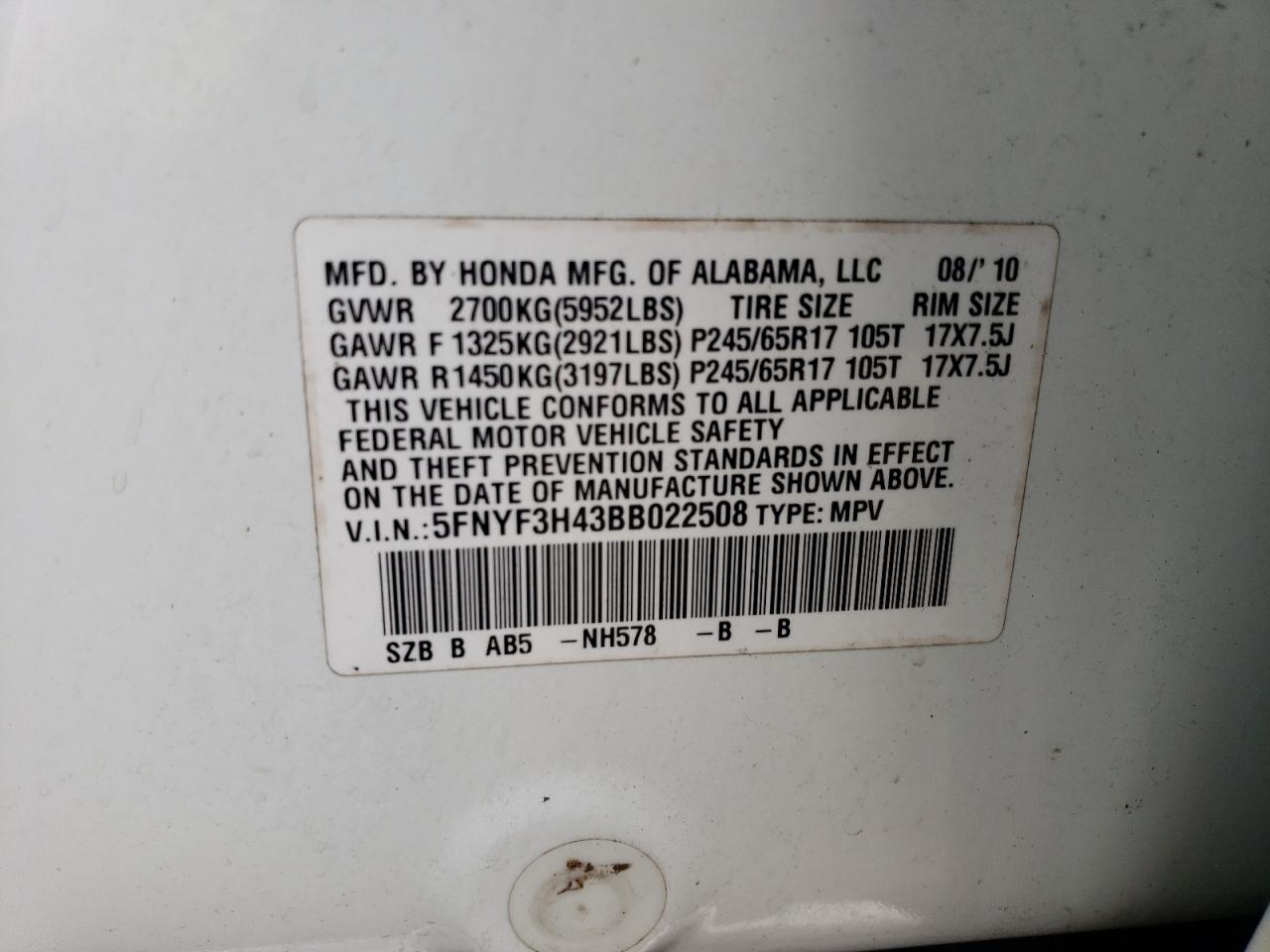 5FNYF3H43BB022508 2011 Honda Pilot Ex