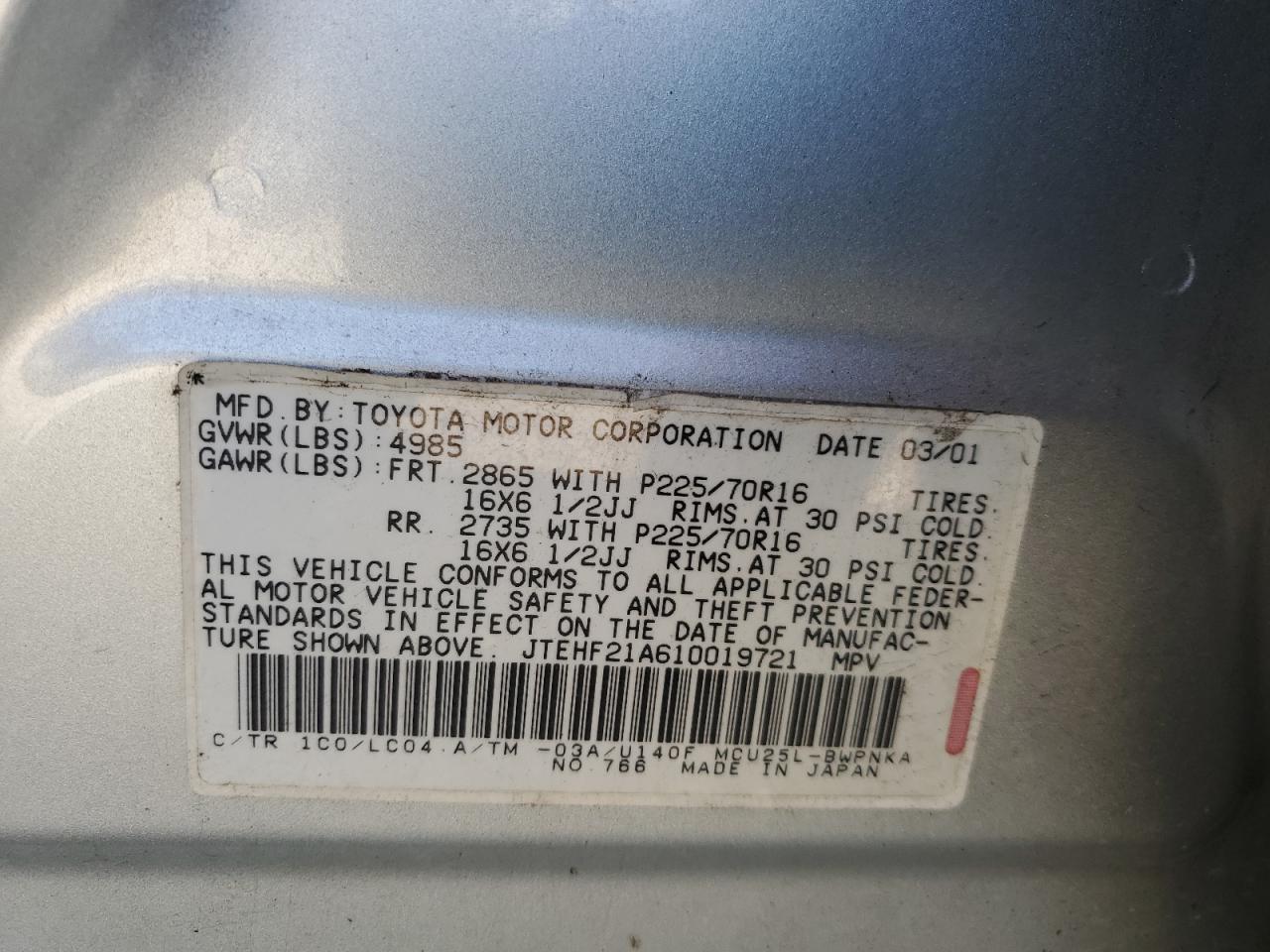 JTEHF21A610019721 2001 Toyota Highlander