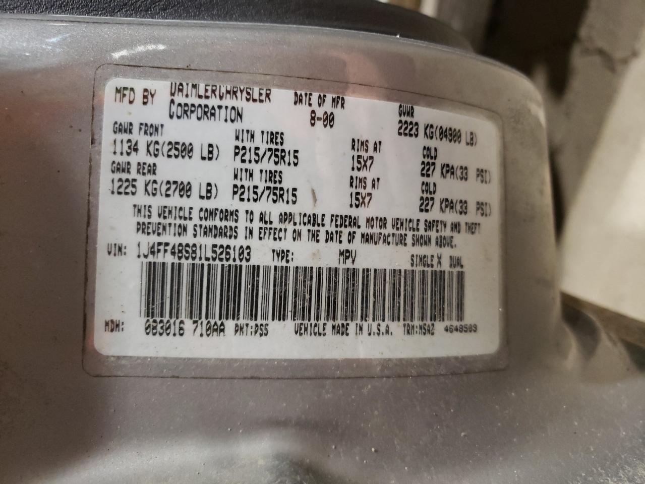 1J4FF48S81L526103 2001 Jeep Cherokee Sport