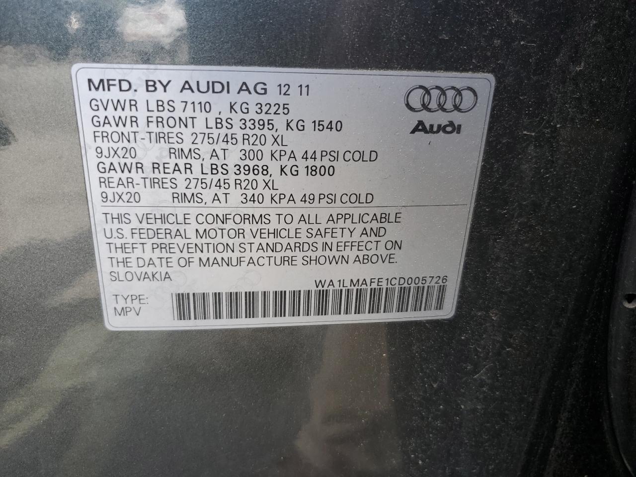 WA1LMAFE1CD005726 2012 Audi Q7 Premium Plus