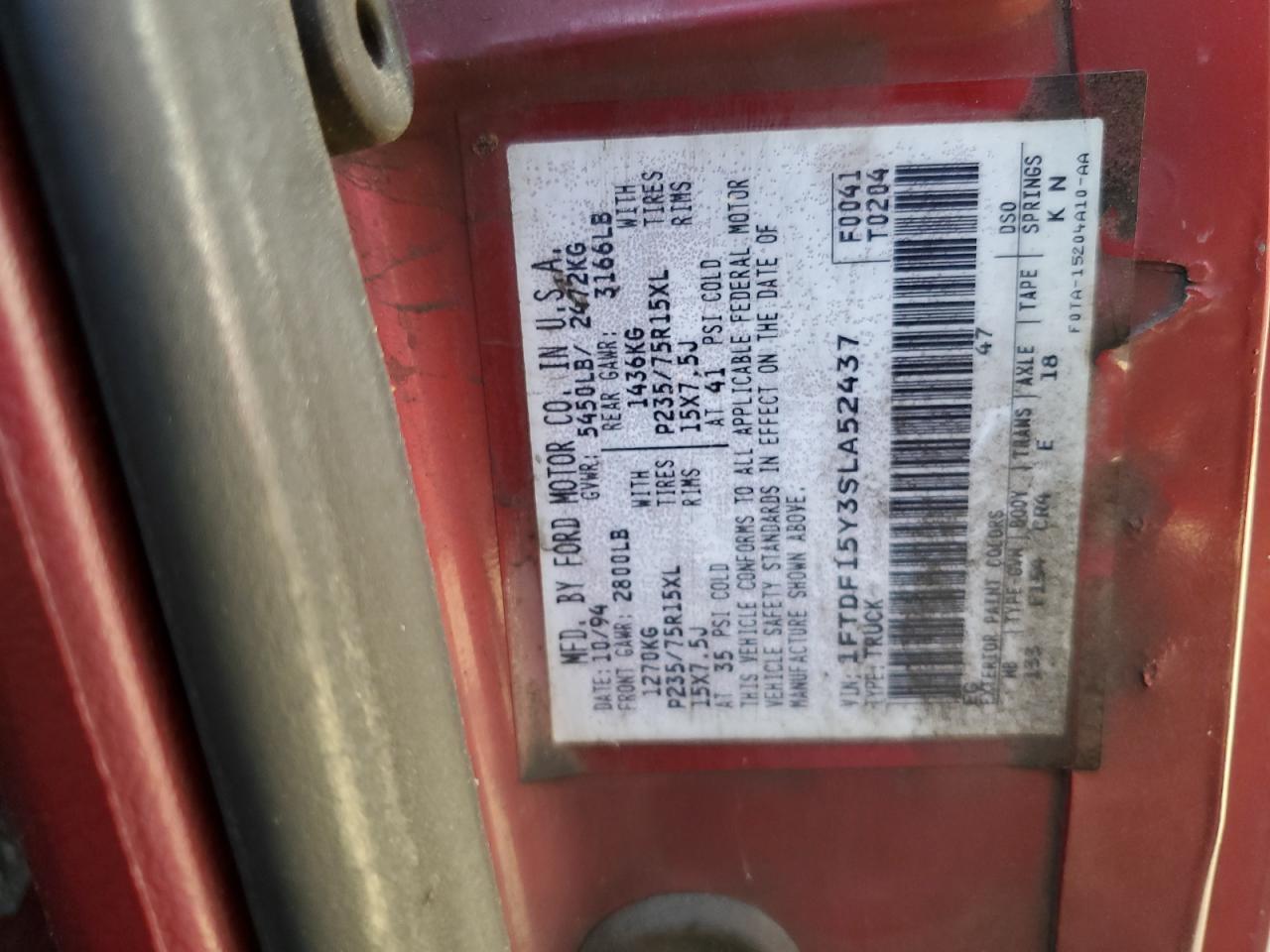 1FTDF15Y3SLA52437 1995 Ford F150