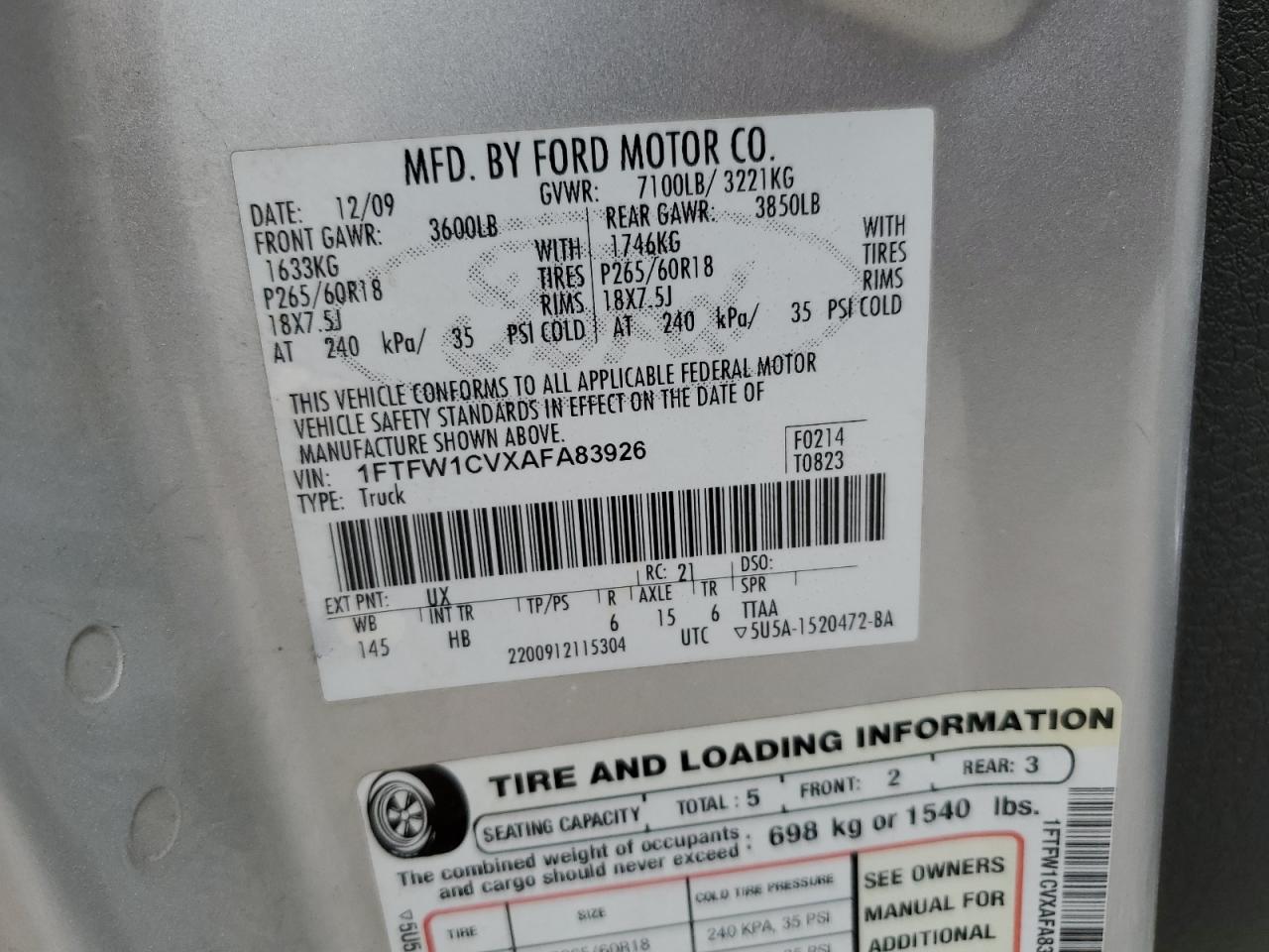 1FTFW1CVXAFA83926 2010 Ford F150 Supercrew