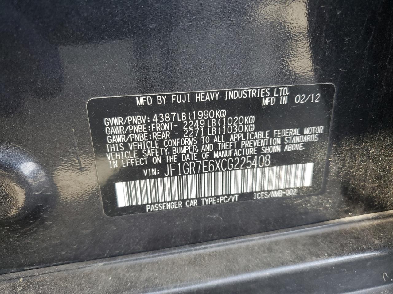 JF1GR7E6XCG225408 2012 Subaru Impreza Wrx