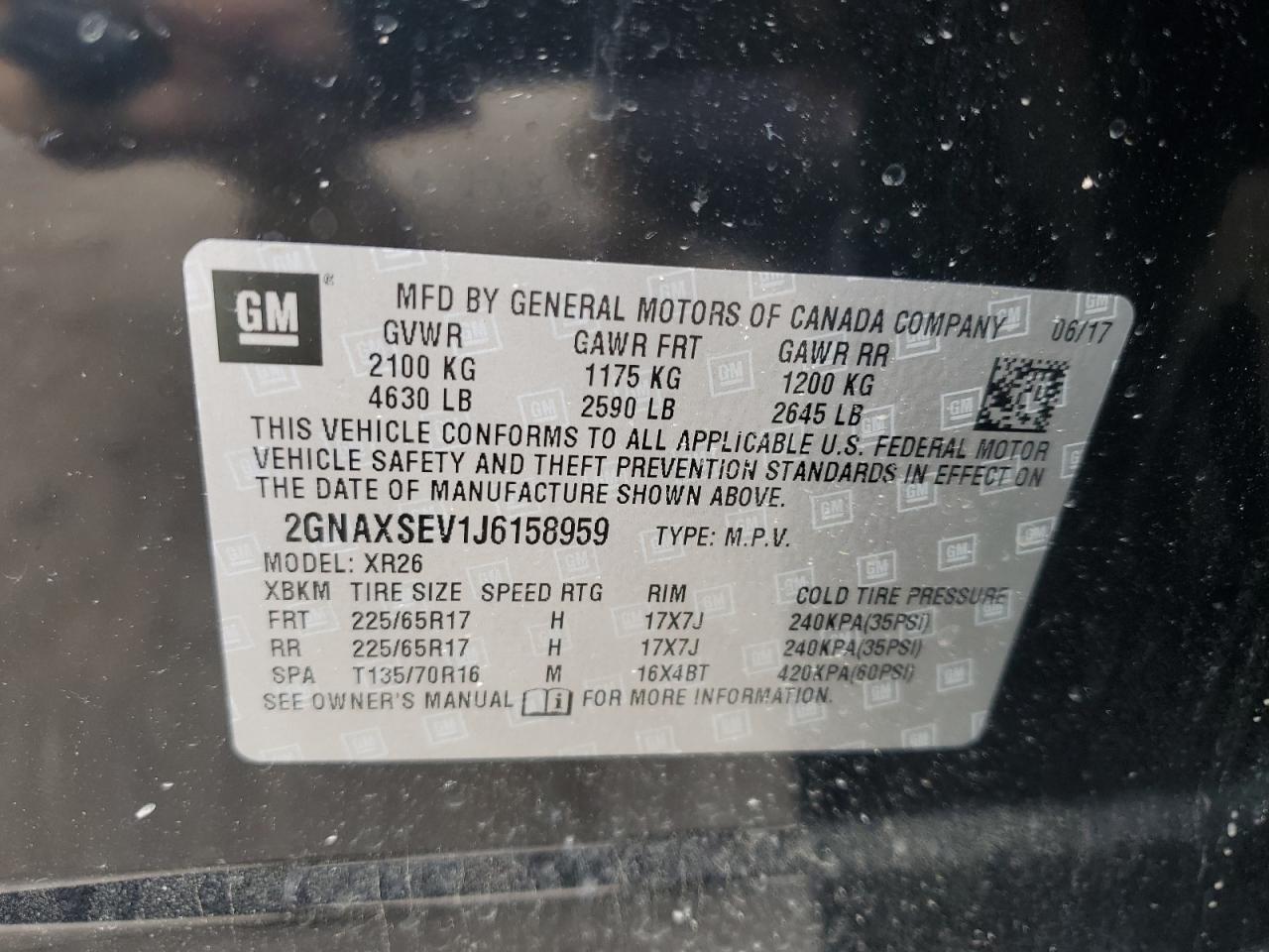 2GNAXSEV1J6158959 2018 Chevrolet Equinox Lt