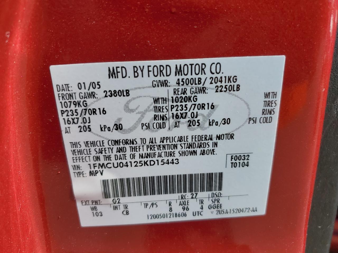 1FMCU04125KD15443 2005 Ford Escape Limited