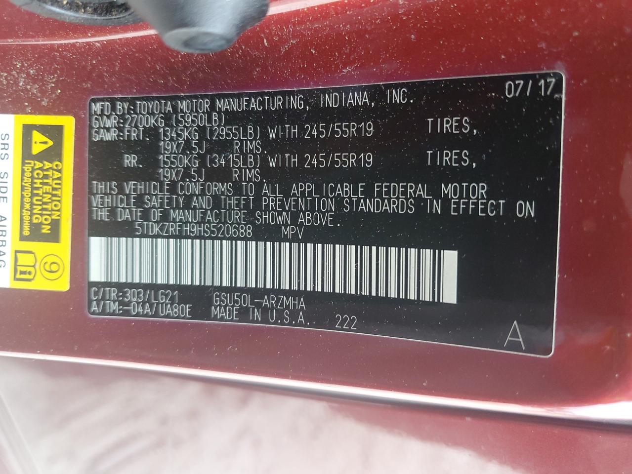 5TDKZRFH9HS520688 2017 Toyota Highlander Se