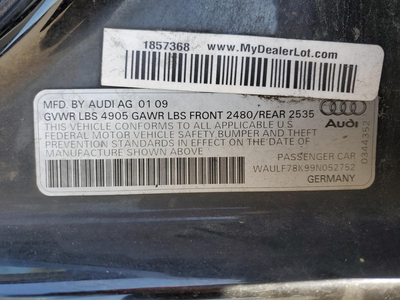 WAULF78K99N052752 2009 Audi A4 2.0T Quattro