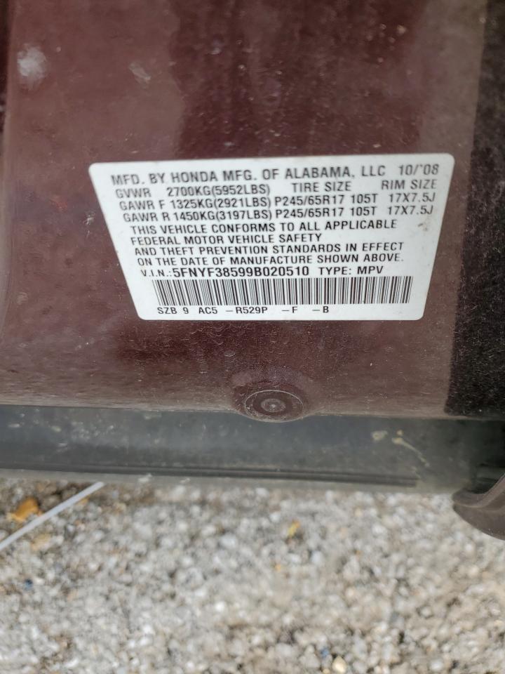 5FNYF38599B020510 2009 Honda Pilot Exl