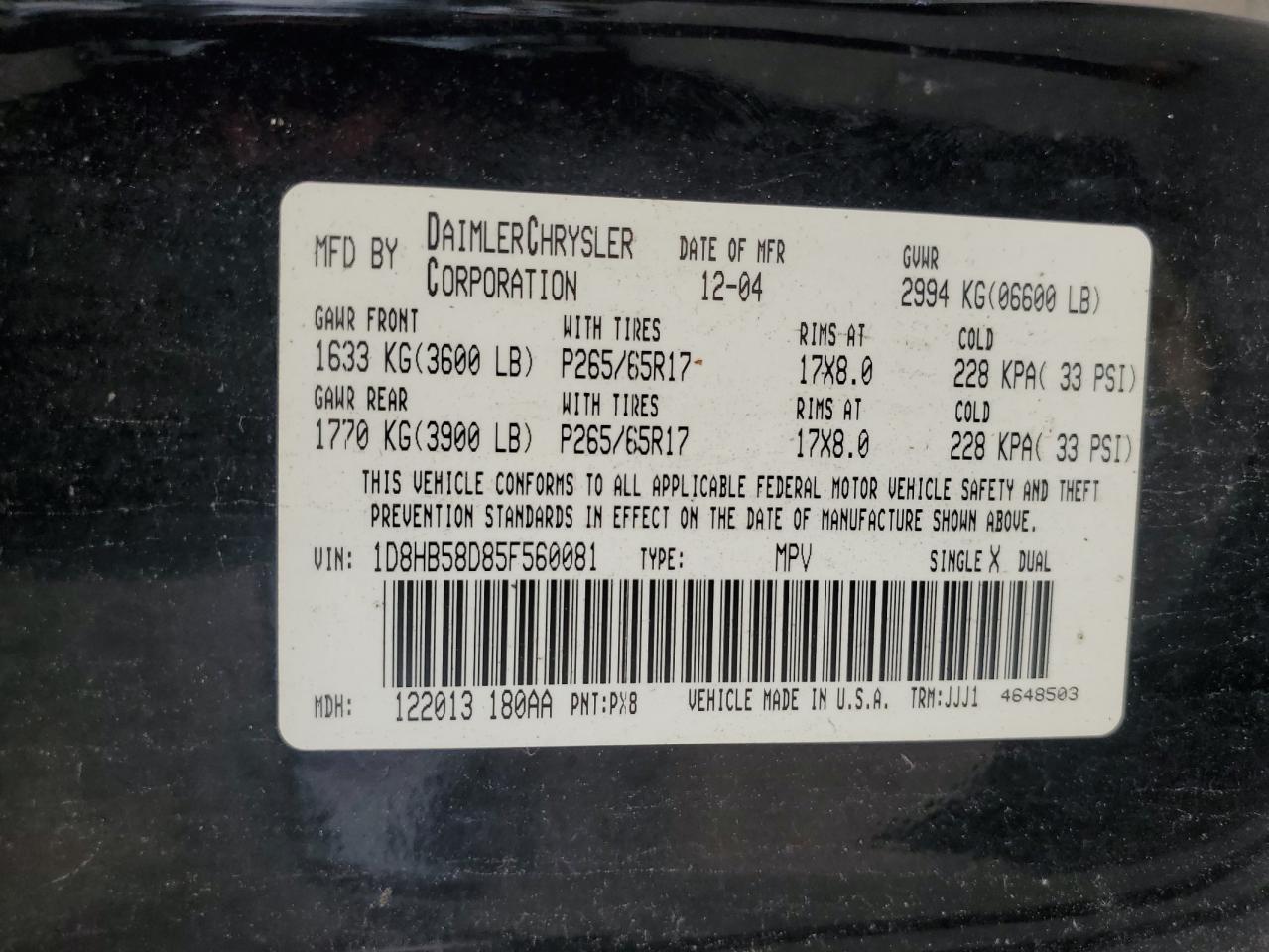 1D8HB58D85F560081 2005 Dodge Durango Limited