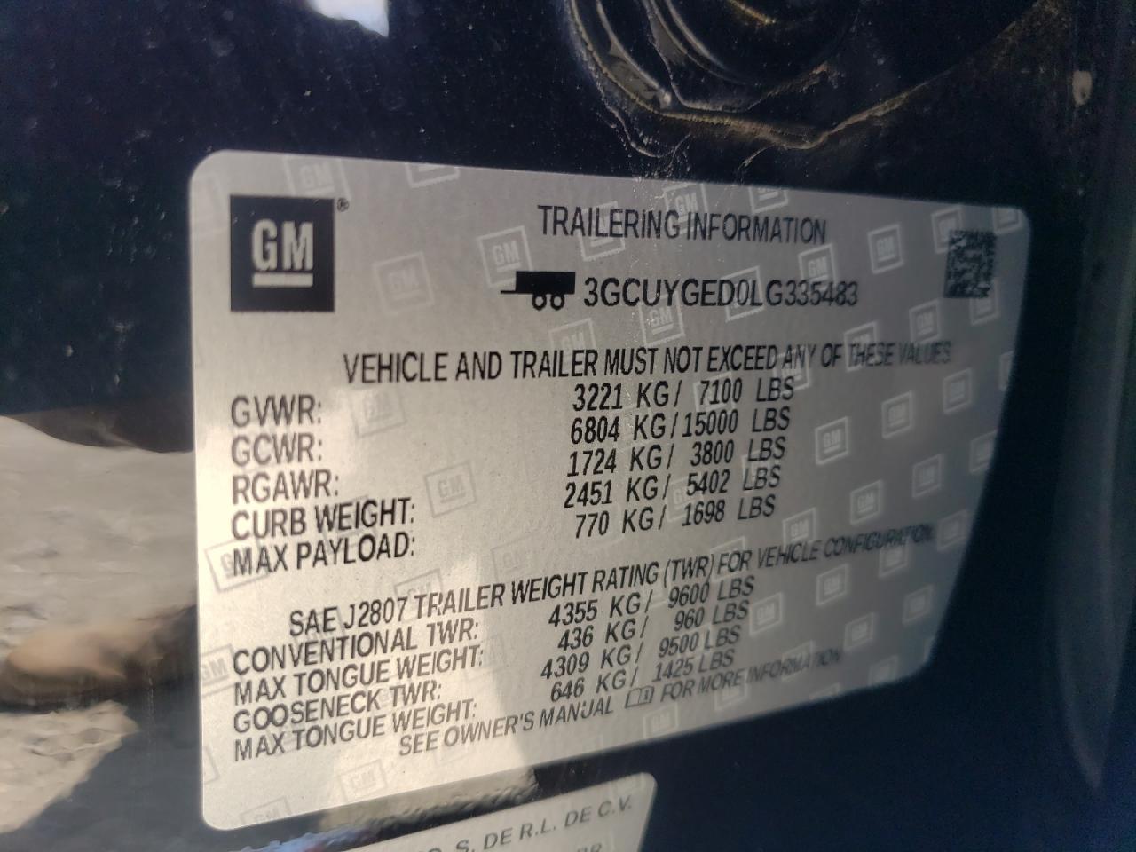 VIN: 3GCUYGED0LG335483 2020 CHEVROLET ALL Models