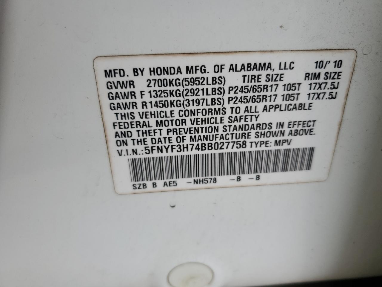 5FNYF3H74BB027758 2011 Honda Pilot Exln