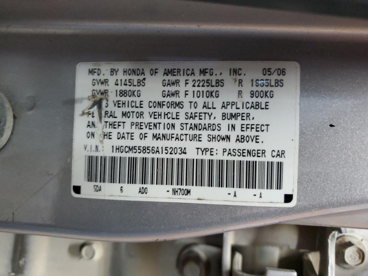 1HGCM55856A152034 2006 Honda Accord Ex