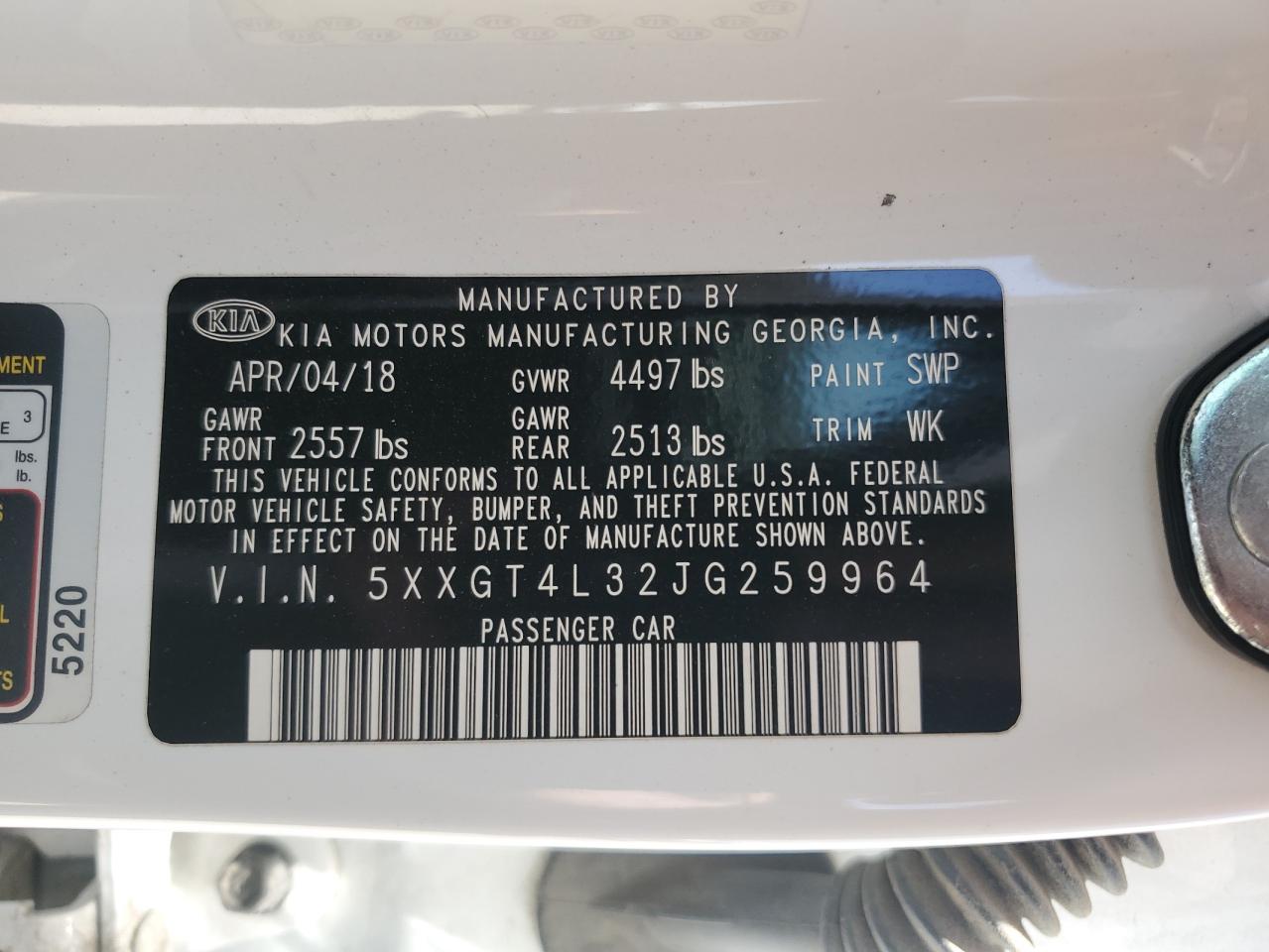 5XXGT4L32JG259964 2018 Kia Optima Lx