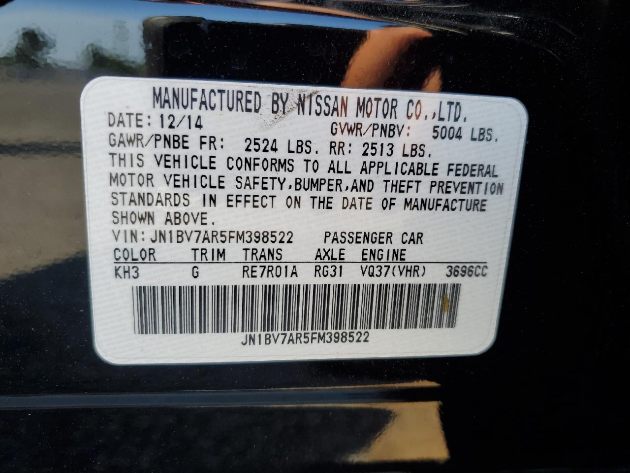 JN1BV7AR5FM398522 2015 Infiniti Q50 Base