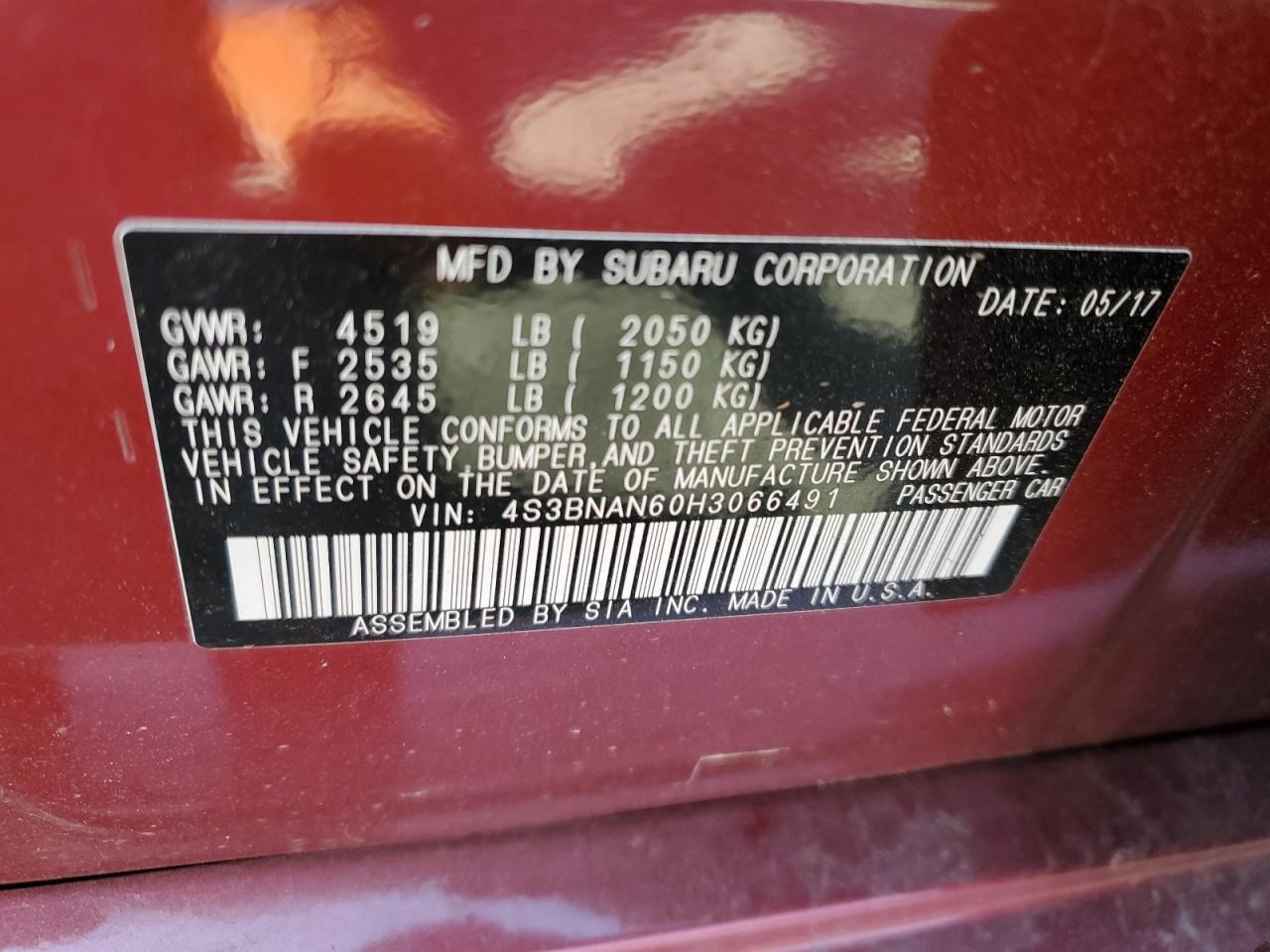 4S3BNAN60H3066491 2017 Subaru Legacy 2.5I Limited