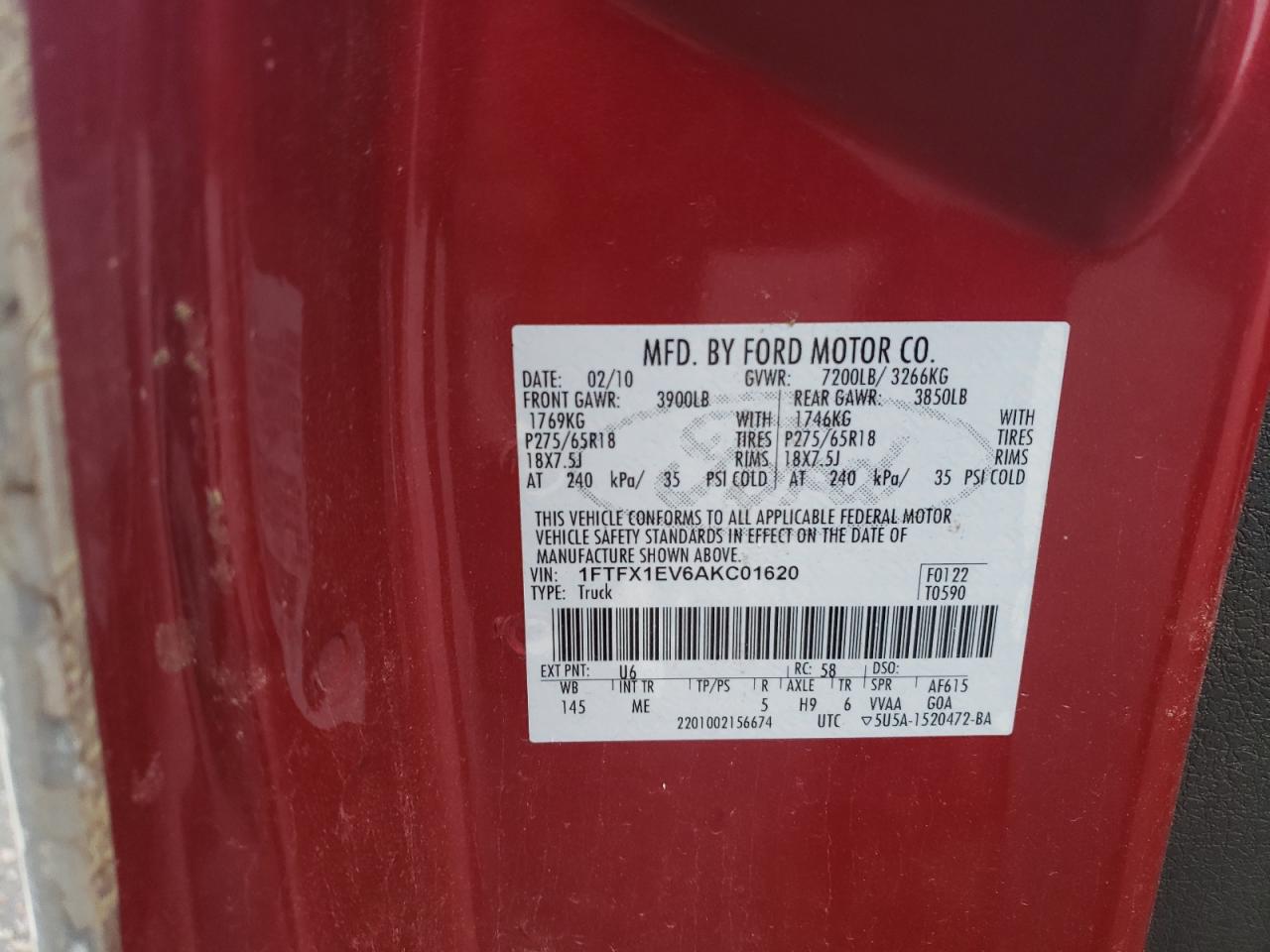 1FTFX1EV6AKC01620 2010 Ford F150 Super Cab