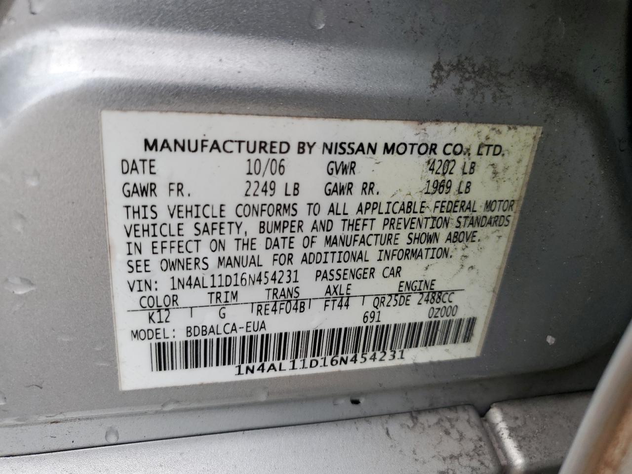 1N4AL11D16N454231 2006 Nissan Altima S