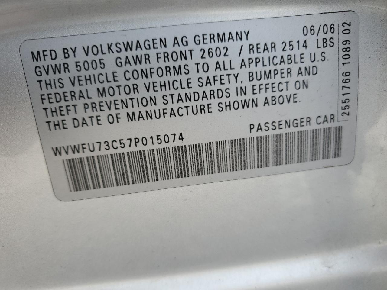 WVWFU73C57P015074 2007 Volkswagen Passat 3.6L 4Motion Luxury