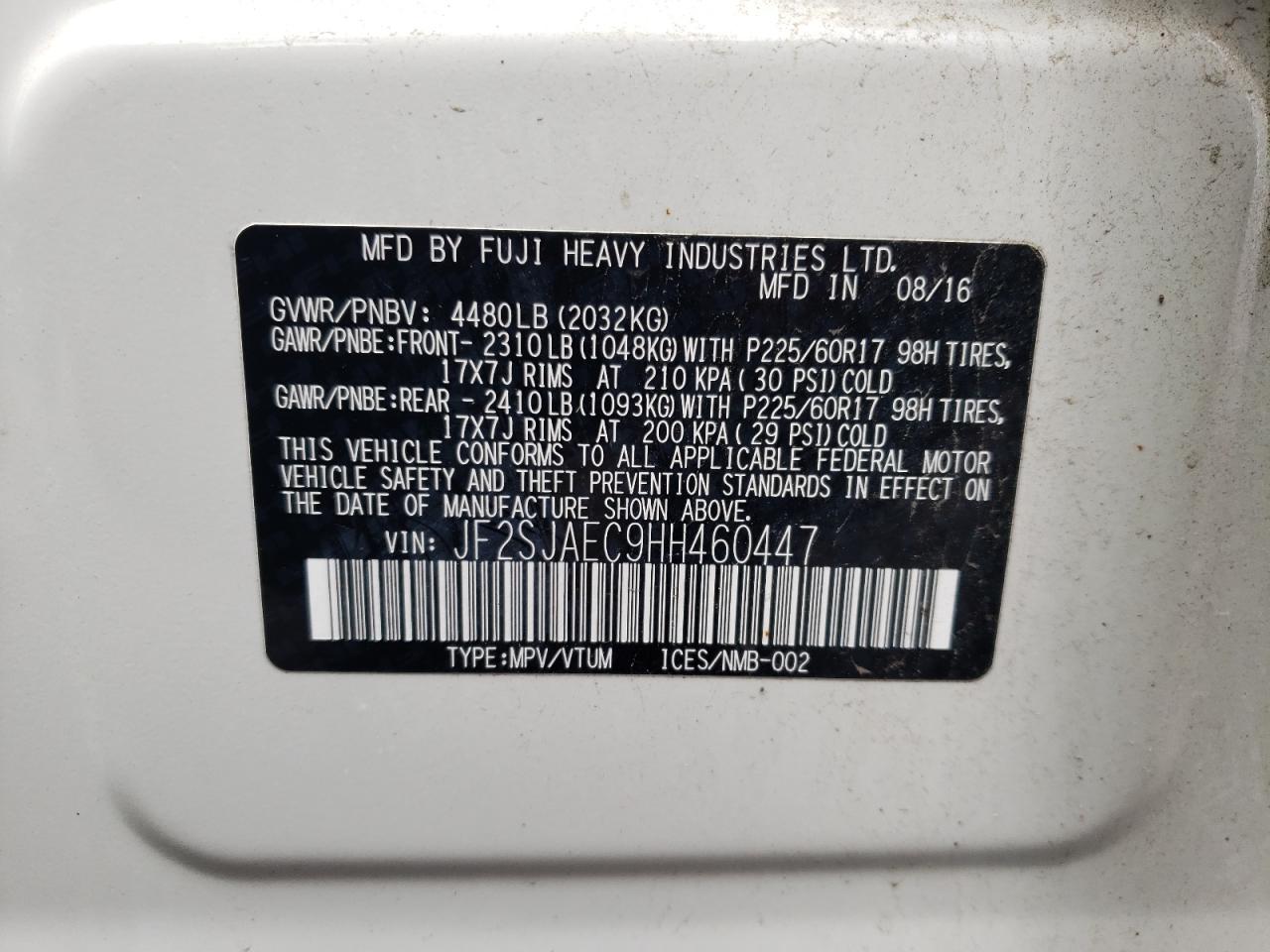 JF2SJAEC9HH460447 2017 Subaru Forester 2.5I Premium