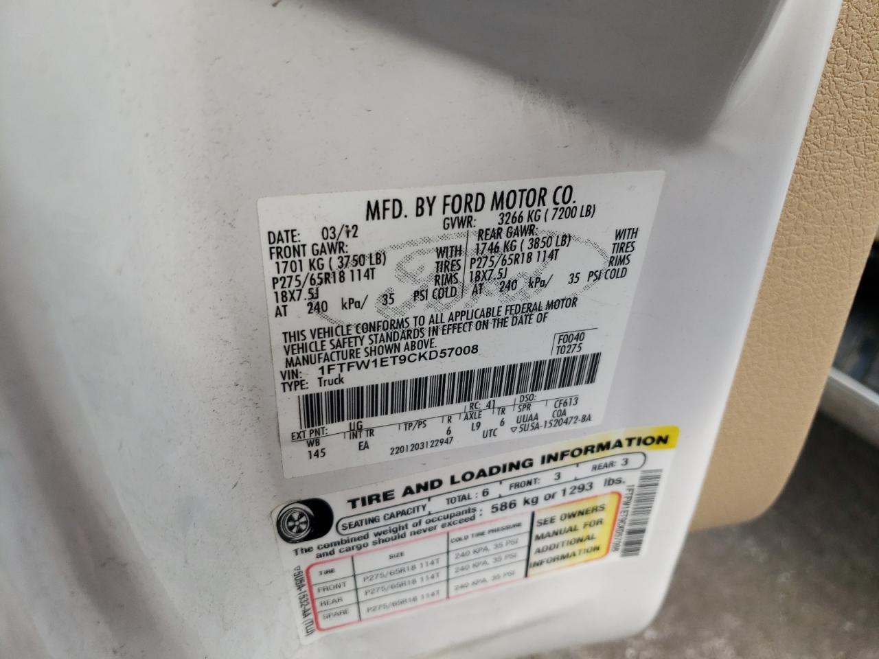 1FTFW1ET9CKD57008 2012 Ford F150 Supercrew