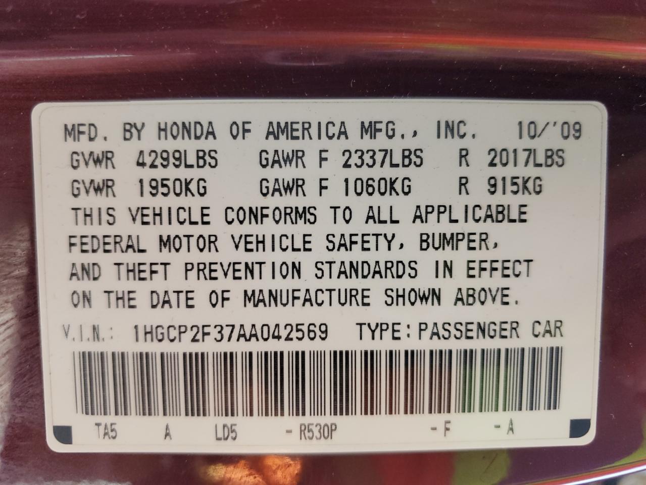 1HGCP2F37AA042569 2010 Honda Accord Lx