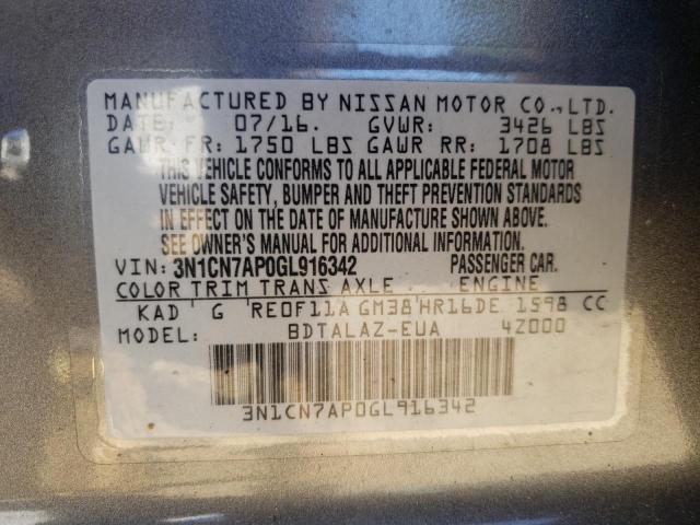 2016 Nissan Versa S VIN: 3N1CN7AP0GL916342 Lot: 58160074